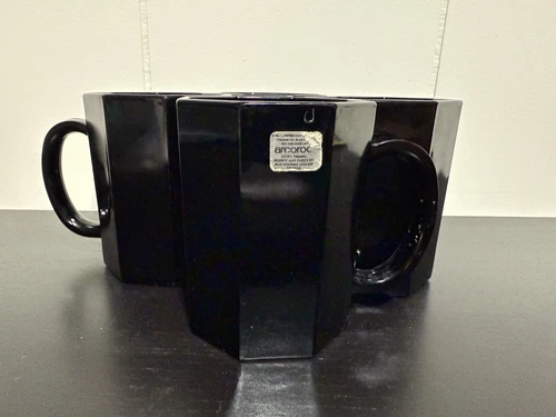 Vintage Arcoroc France Octime Black Glass Mugs Set of 4 Beautiful MCM