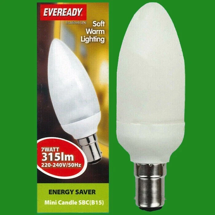 EVEREADY 2x 7W Low Energy CFL Mini Candle 2700K Warm White Light Bulb Lamp SBC B15
