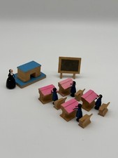 Wooden Miniature Classroom Figures Dollhouse Desks, Teacher, Students Goula