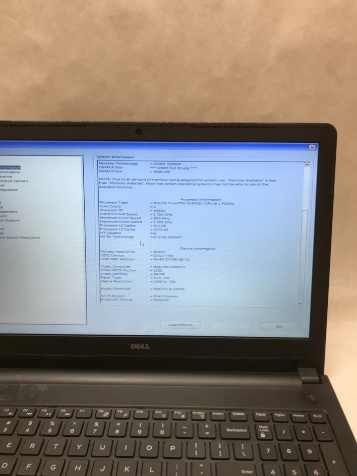 Dell Vostro 3558 15" Laptop Intel Core i3-4005U 1.7GHz 4GB RAM NO HDD/OS - - DW - Image 4 of 4