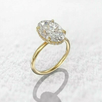 4 CT Coupe Ovale Simulé Diamant Solitaire Fiançailles Bague 14k Jaune Plaqué Or - Photo 1/4