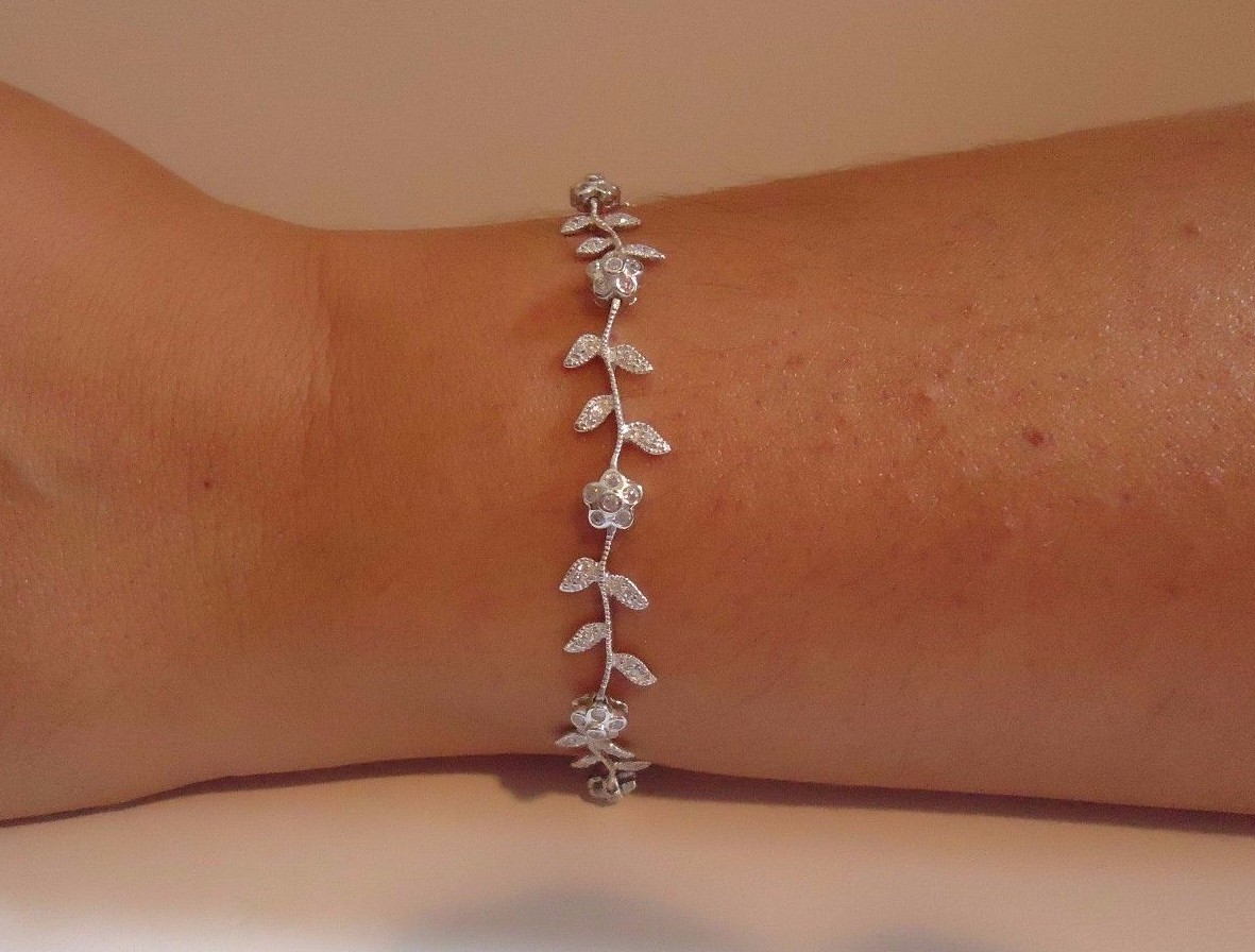 FLOWER LEAF BRACELET W/ LAB DIAMONDS/ 925 STERLING SILVER