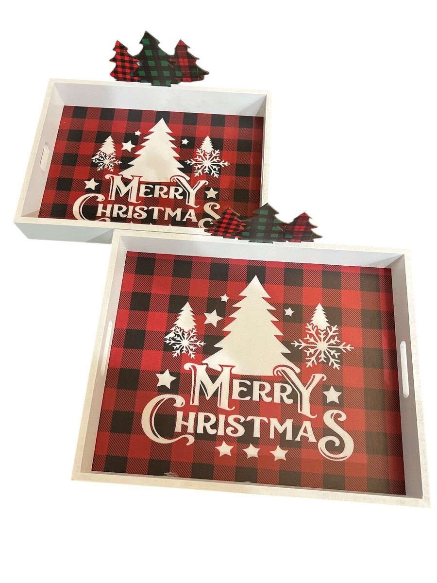 Christmas Wood Serving Tray Set of White with Red Black Plaid Merry  Christmas
