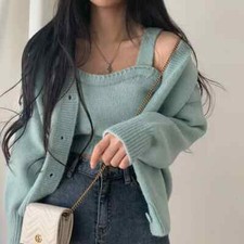 Women Knitted Cardigan Camisole Two Piece Set Suit Women Cropped