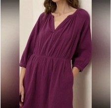 New Pact Organic Cotton Coastal Double Gauze Peasant Purple Midi Dress Sz M