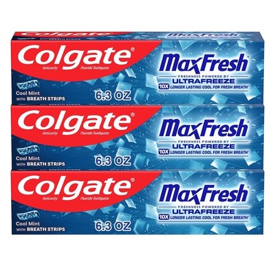 Colgate MaxFresh Toothpaste with Breath Strips Cool Mint 6.3o z (Lot of 3)