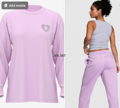 NEW XXL VS PINK ASTER PURPLE BLING HEARTS LONGSLEEVE TSHIRT & SWEATPANTS