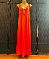 Vintage MISS ELAINE GRECIAN NIGHTGOWN Medium PEACH Orange Long Nylon Plunge Gown