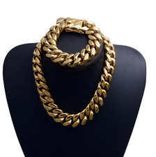 Men's Miami Cuban Link Bracelet  Chain Combo Set Gold Plated Stainless Steel