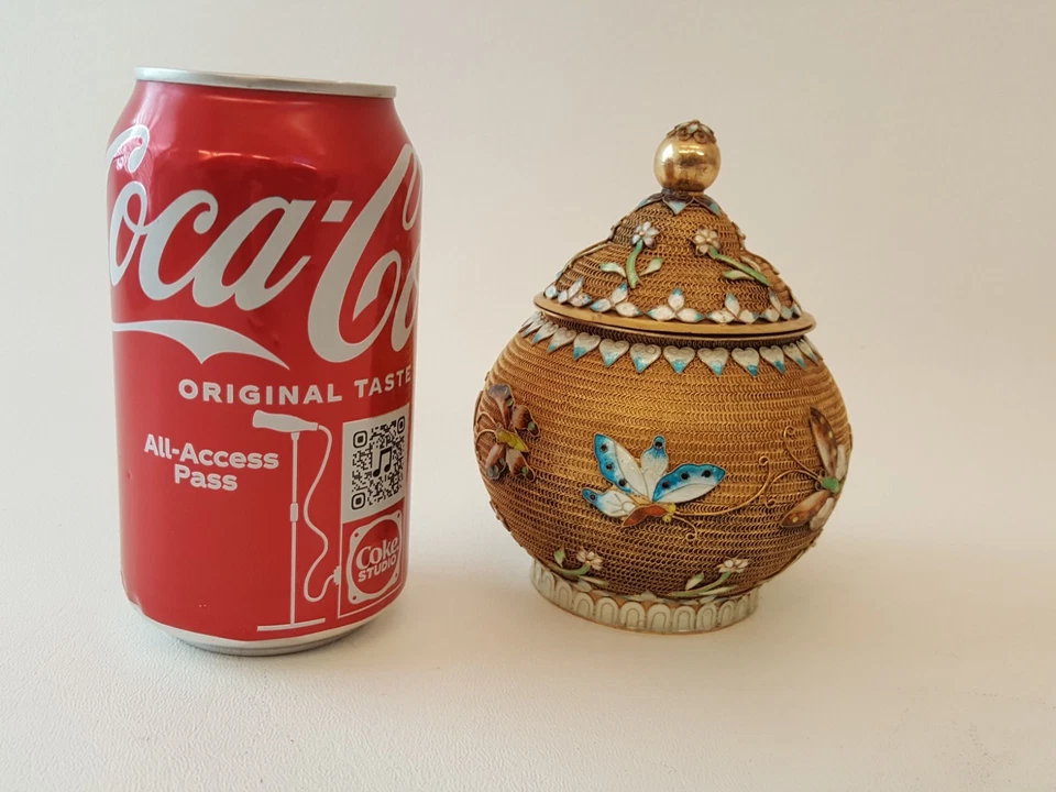 Antiguo tarro chino de plata esterlina esmalte dorado cloisonne tapa mariposa RARO Foto 2 de 4