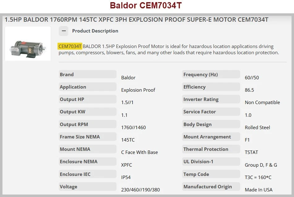 Baldor CEM7034T Hazardous Location Motor, 1.5hp, 1760rpm, 3PH, 60HZ, 145TC - Image 3 of 4