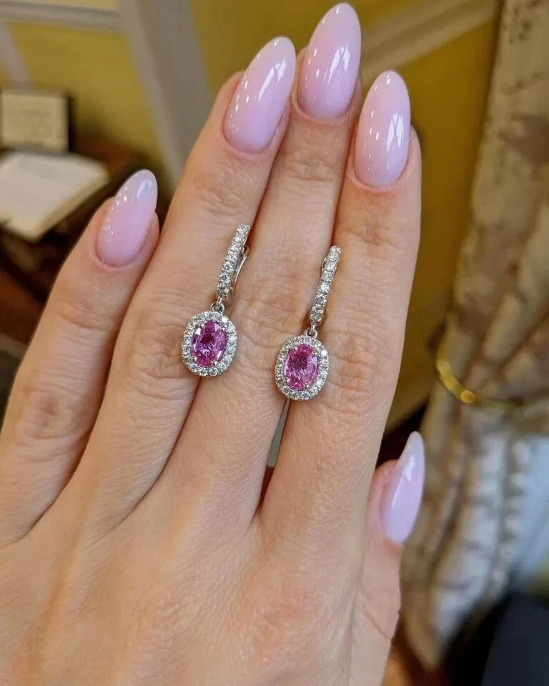 4.50 Ct Oval Natural Pink Sapphire Earring 14k Solid White Gold Stud Earrings - Image 3 of 4