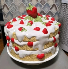Vintage Hand Painted Ceramic Strawberry Shortcake Cake Cover Dome w/ Pedistal