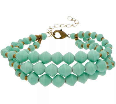 QVC 31 Bits Triple Strand Mint Beaded Shadow Edge Adjustable Bracelet