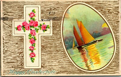 Happy Eastertide Cross Sailboat in Egg Faux Wood Embossed 1911 DB Postcard E3