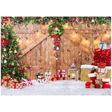 Rustic Christmas Barn Wood Door Backdrop Xmas Tree Photography Background Decor