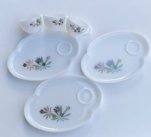 Vintage Federal Glass Atomic Flower 1950s Plates Cups Patio Snack Set In Box