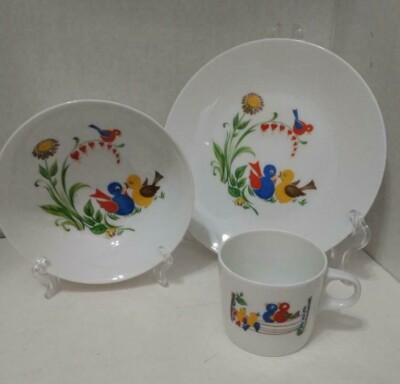 Vintage Lorenz Hutschenreuther Germany Porcelain Plate, Bowl, Cup Birds, Flower