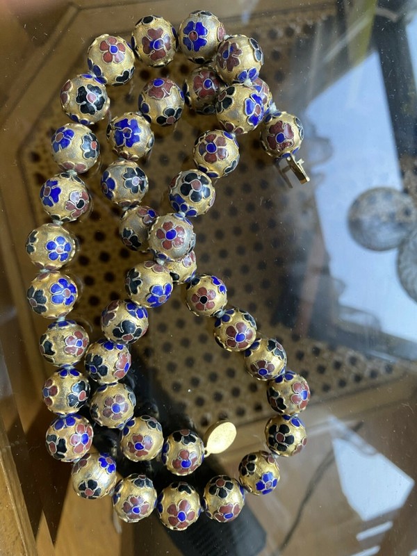 Vintage Chinese Deep Enamel Cloisonne Beads Necklace 24" 40 beads 12mm Diameter