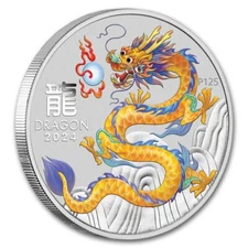 2024-1/2 oz Yellow Year Of The Dragon Silver Color Lunar Perth BU Coin .999