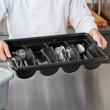 BLACK POLYETHLENE RESTAURANT CUTLERY, SILVERWARE BOX, 4-COMPARTMENT NSF/USA MADE