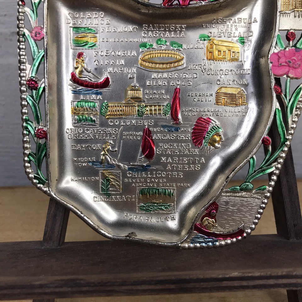 Vtg OHIO State Tourist Tray Tin Metal Souvenir Ashtray Trinket Painted