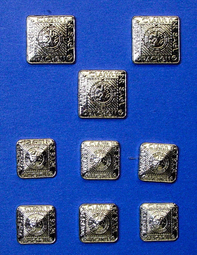 Set of 9 shiny silver tone metal Clann Nar Sael square buttons good used cond. - Image 2 of 4