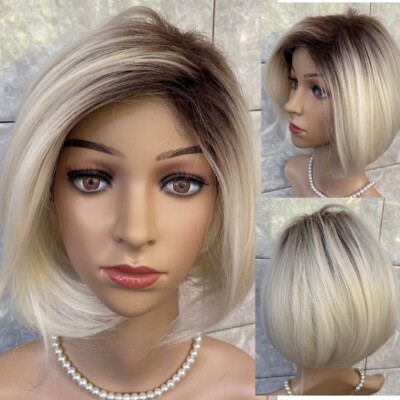 Short Bob Hairstyle Dark Roots Blonde Mix Human Hair Blend Heat Ok Wig Natural