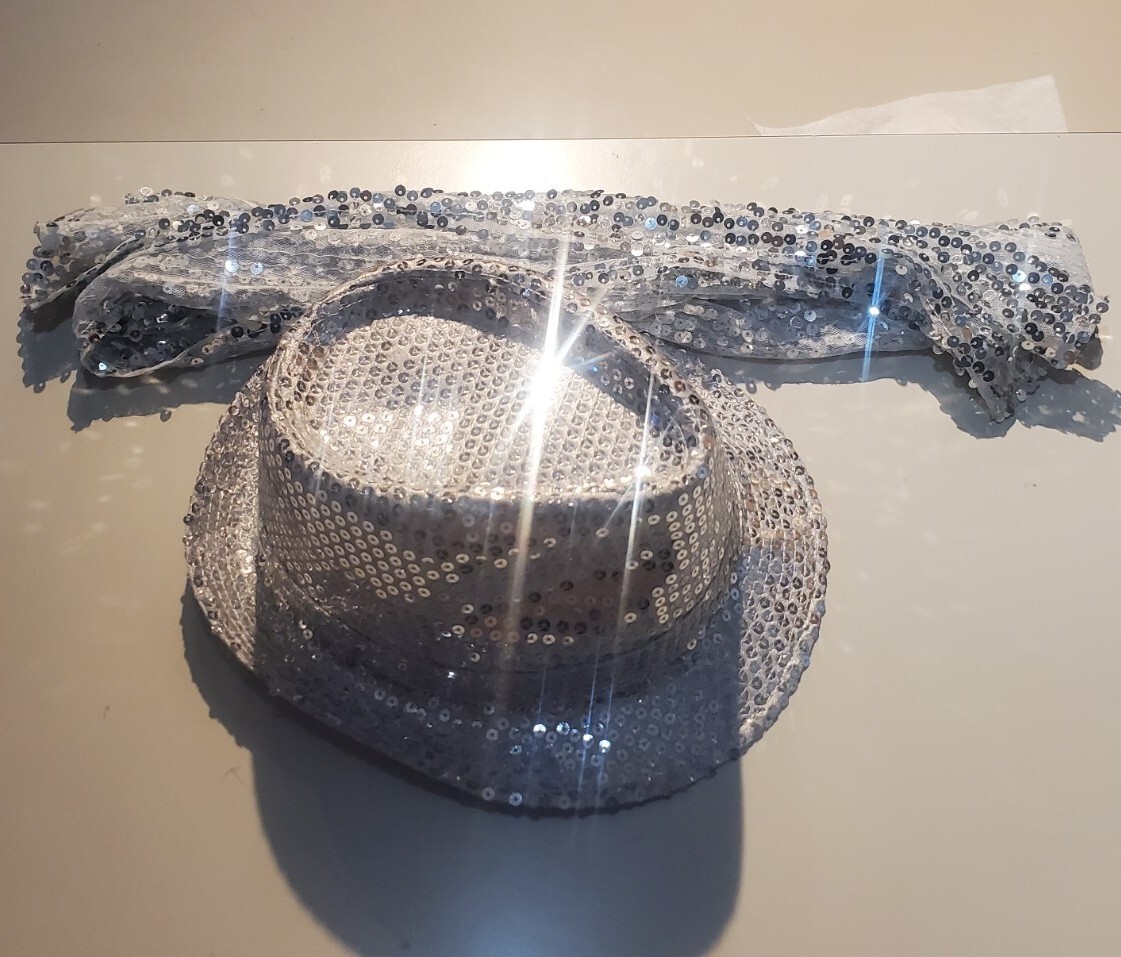 Sequin Fedora Hat Dance Costume Sparkle Shiny Glam Mardi Gras Silver Scarf-image