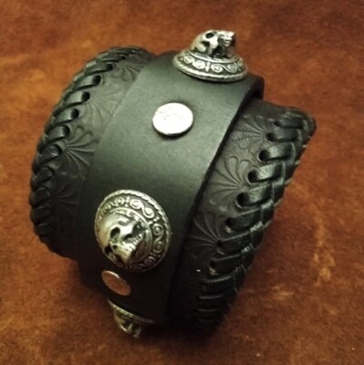custom WRIST BAND BRACELETE SNAKE tooled metal rock skull concho LEATHER  USA