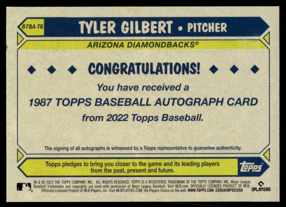 2022 TOPPS 35TH AUTO SILVER PACKS Tyler Gilbert Rookie Auto Arizona Diamondbacks - Image 2 of 2