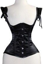 Black Satin Under bust Corset Front Steel Busk Real Steel Bones Shoulder Straps