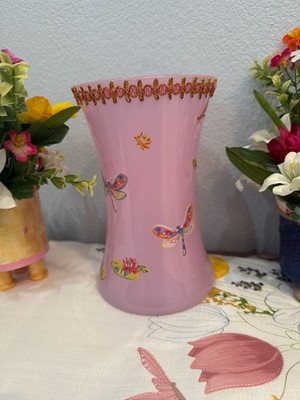 Handcrafted Pink Pink Glass Dragonflies and Floral  Vase with Textured Rim
