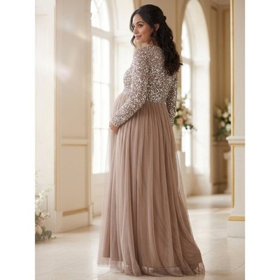 Maya Deluxe Maternity Sequin Tulle Long Sleeve Maxi Dress Taupe US 4 | eBay