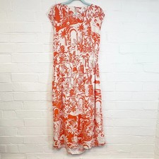 Feather & Bone Midi Dress Orange & Cream Linen Mix  Paisley Boho Size L 14