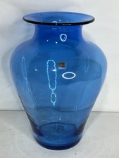 Vintage 14" BLENKO 20th Century MODERN Blue HAND-BLOWN Bulbous VASE