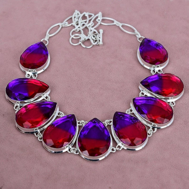 Collar de joyería de plata de ley 925 hecho a mano con piedras preciosas de turmalina bicolor 18" Foto 2 de 4
