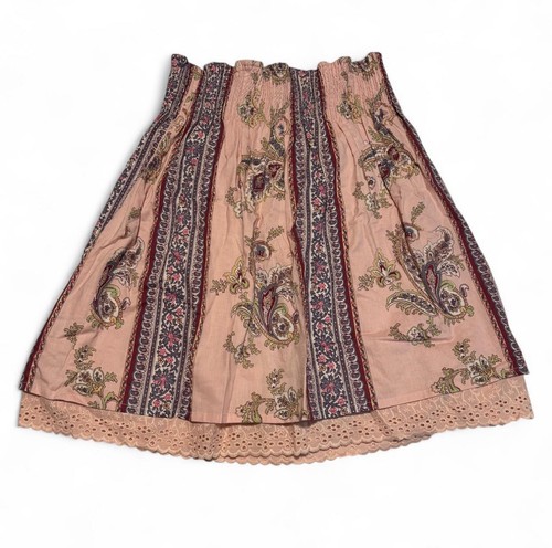 VTG y2k Charlotte Russe Boho Mini Skirt Sz 7 Pink Paisley Smocked Waist Lace Hem - Picture 2 of 4
