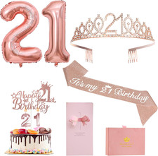 21St Birthday Decorations for Her, Rose Gold Sash and Tiara Crown Gift Set