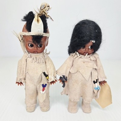 Vintage 60er Carlson Indianer Indianer Puppe Paar Schlafaugen Leder Wildleder Kleid