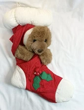 Christmas Stocking Vintage Puffy Parachute 3D Teddy Bear 80s 17" Holiday Decor