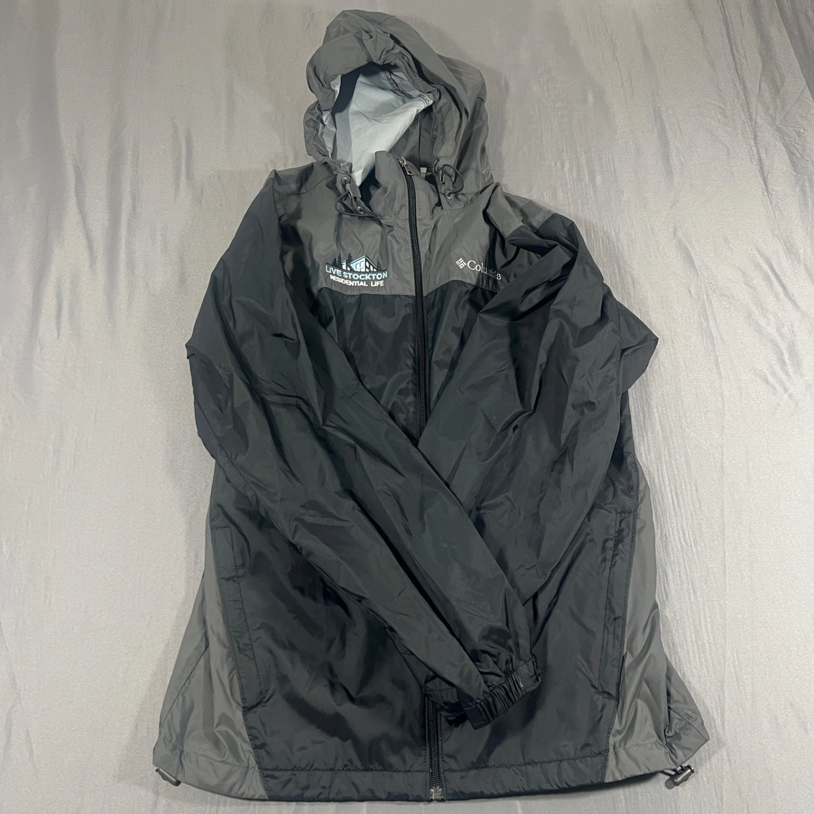 Columbia Hooded Rain Jacket Mens Small Gray Full Zip Windbreaker Shell