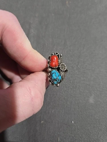 Navajo Ring 925 Silver Blue Turquiose & Coral