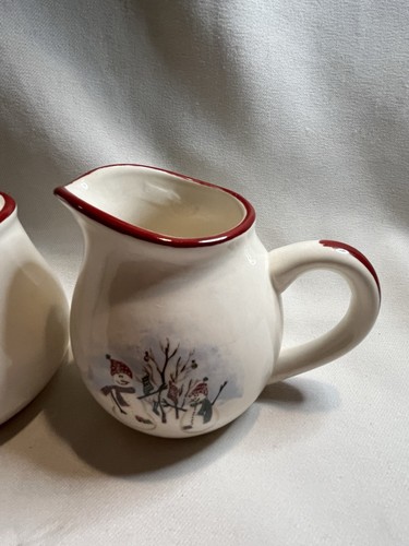 Royal Seasons Stoneware Snowman Sugar Bowl & Creamer with Lid RN2 Red Band Dot - Picture 3 of 7