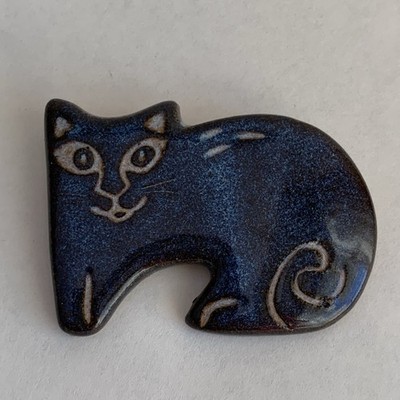 VTG Handmade Clay Cat Brooch Pin Folk Art Festival Artisan Blue Glazed