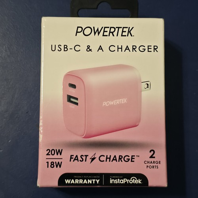 #ad Pink Powertek Dual Port Wall Charger: USB C 20W PD and USB A 18W $11.95