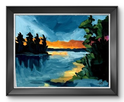 Sunset Lake Landscape 11x14 Original Painting Wall Art Home Decor R. Stevens
