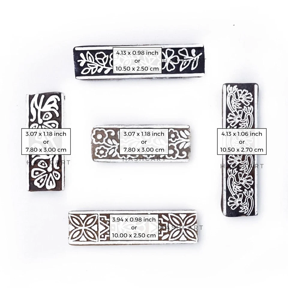 Set of 5 Hand Carved Wooden Border Shape Textile Printing Craft Block Stamp - Image 4 of 4