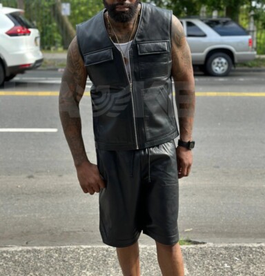 MEN'S REAL LEATHER VEST WITH BASKETBALL SHORTS, BROOKLYN VEST , LIVE AND DIE