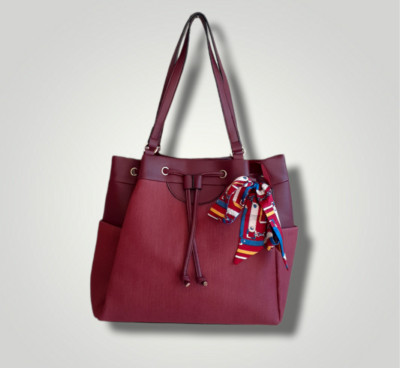 Womens Burgundy Canvas Handbag with Scarf, Double Handles & Pockets in the sides
